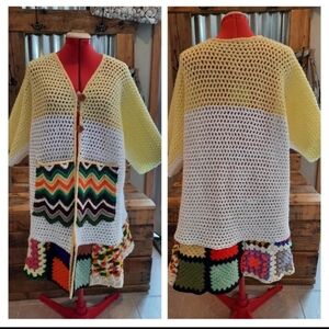 Vtg afghan blanket coat L upcycled white yellow Patch Don't Throw It Out